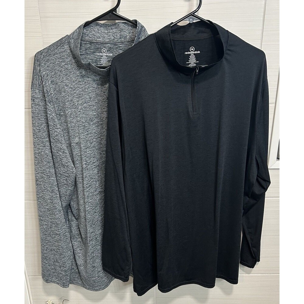 Lot of 2 Real Essentials 1/4 Zip Athletic LS Shirts 2XL, Lightweight Sporty Golf